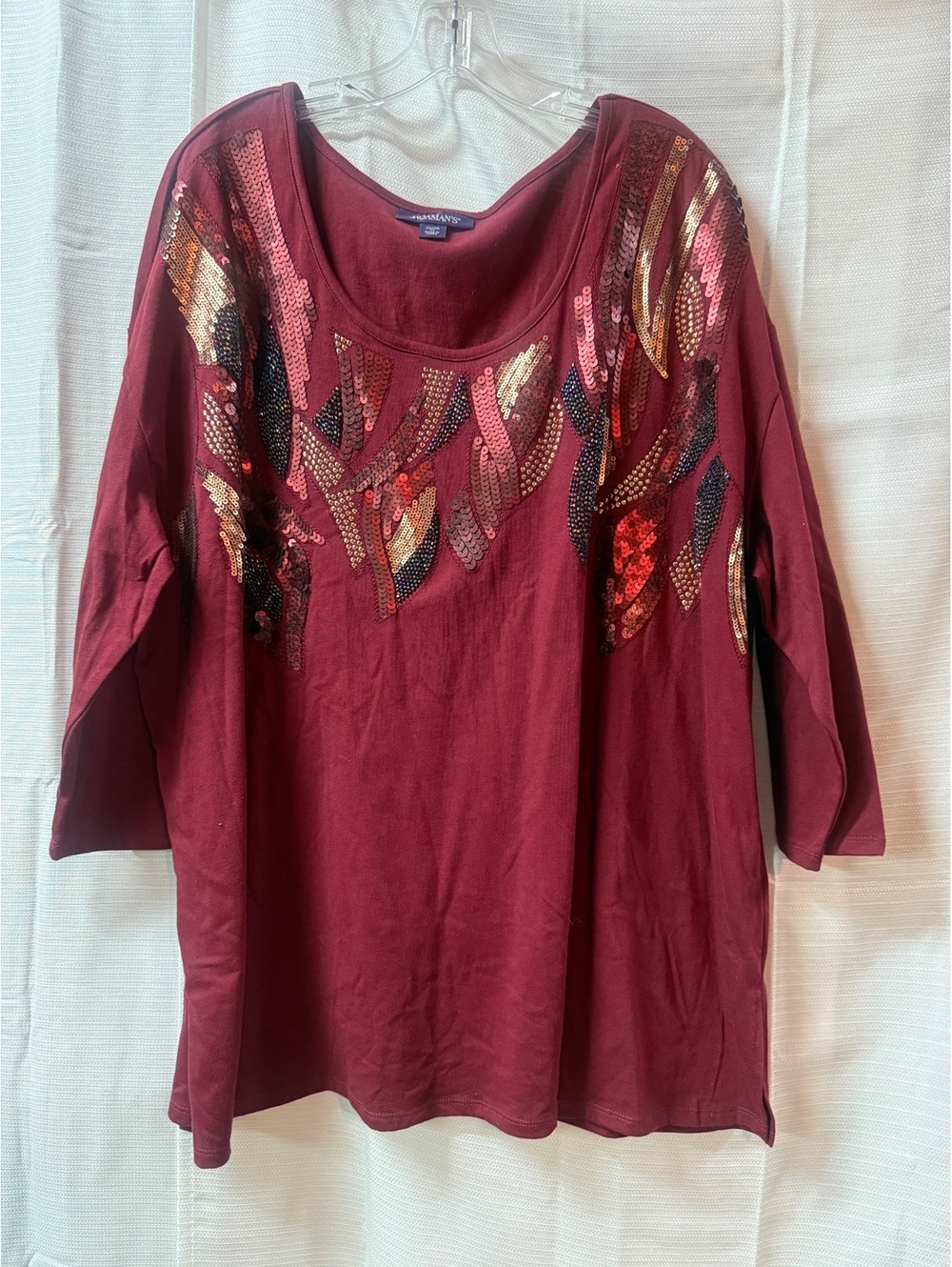 Roaman's Women's Burgundy 2X Sequin Embellished Long Sleeve Shirt